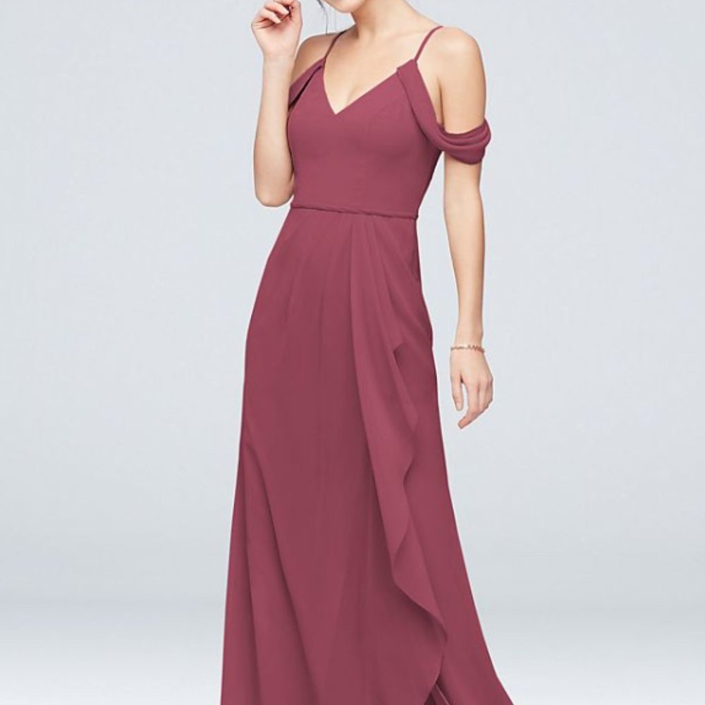 David's Bridal Off-the-Shoulder Bridesmaid Dress with Cascade in Chianti
